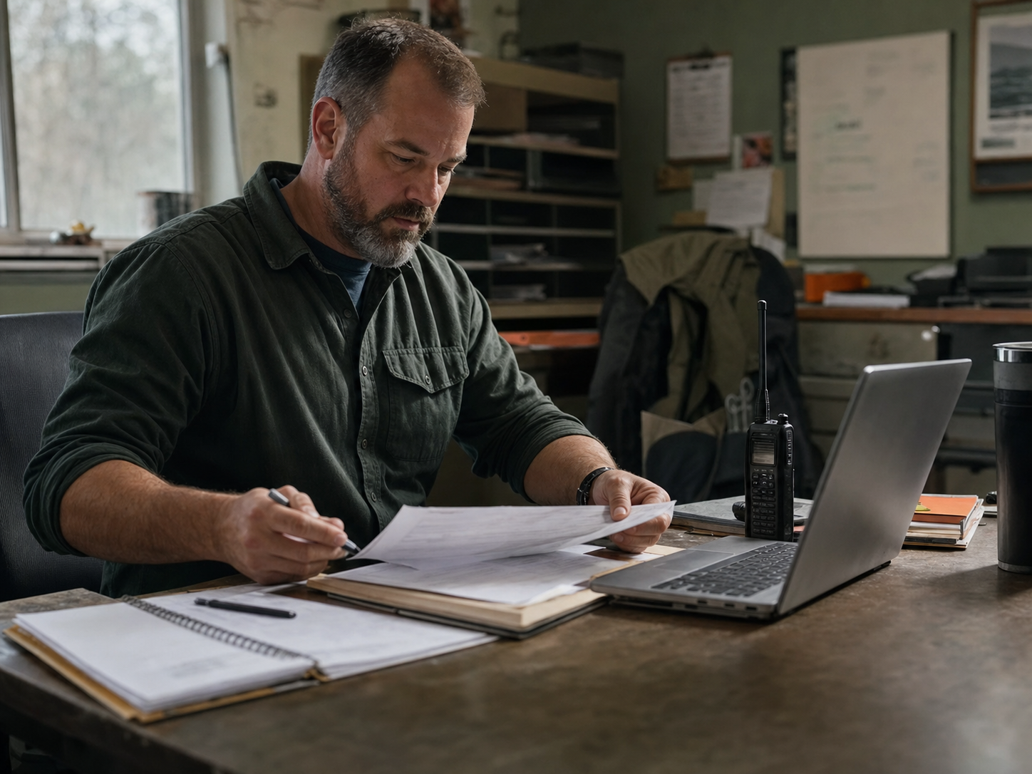An office team member reviewing a work order and schedule