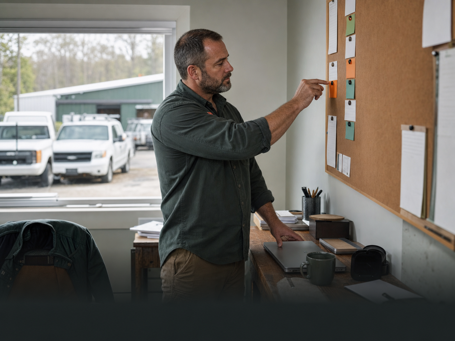 A service-business leader organizing work on an office board